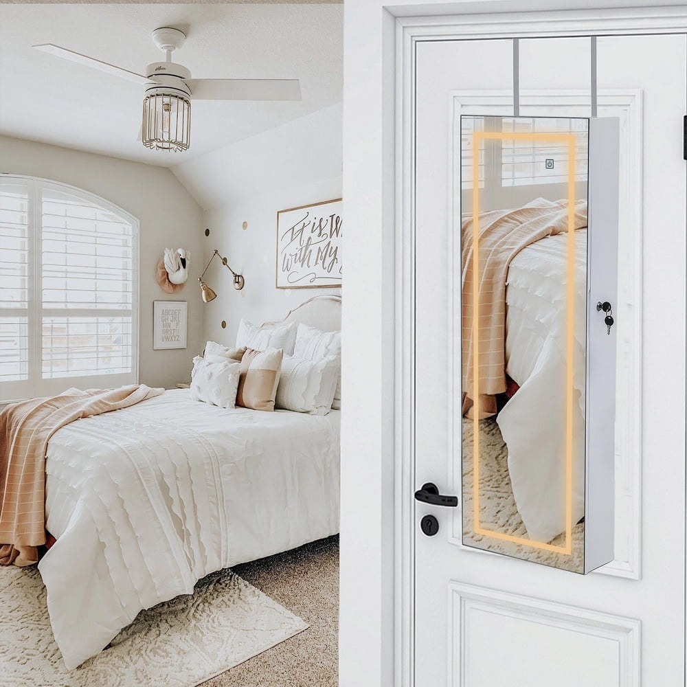 Lowestbest Jewelry Mirror Cabinet, Full Mirror Wooden Wall Hanging 4-Layer Shelf 2 Drawer with Inner Mirror 3-Color LED Light- White Lowestbest Jewelry Mirror Cabinet, Full Mirror Wooden Wall Hanging 4-Layer Shelf 2 Drawer with Inner Mirror 3-Color LED Light- White