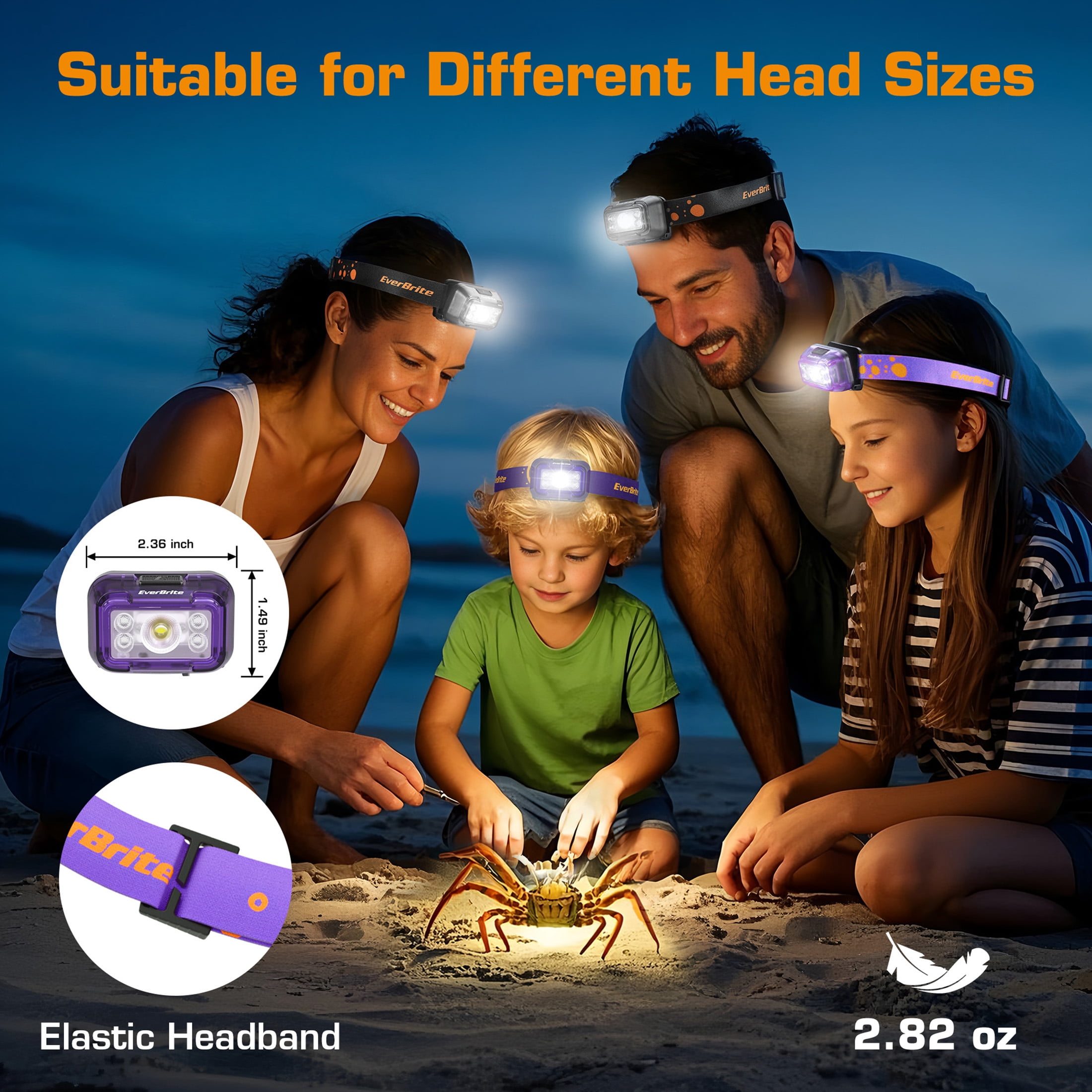 EverBrite Rechargeable LED Headlamp, 2 Pack for Kids and Adults, White Red Green Light, 5 Modes, 120° Adjustable, Memory Function, Purple