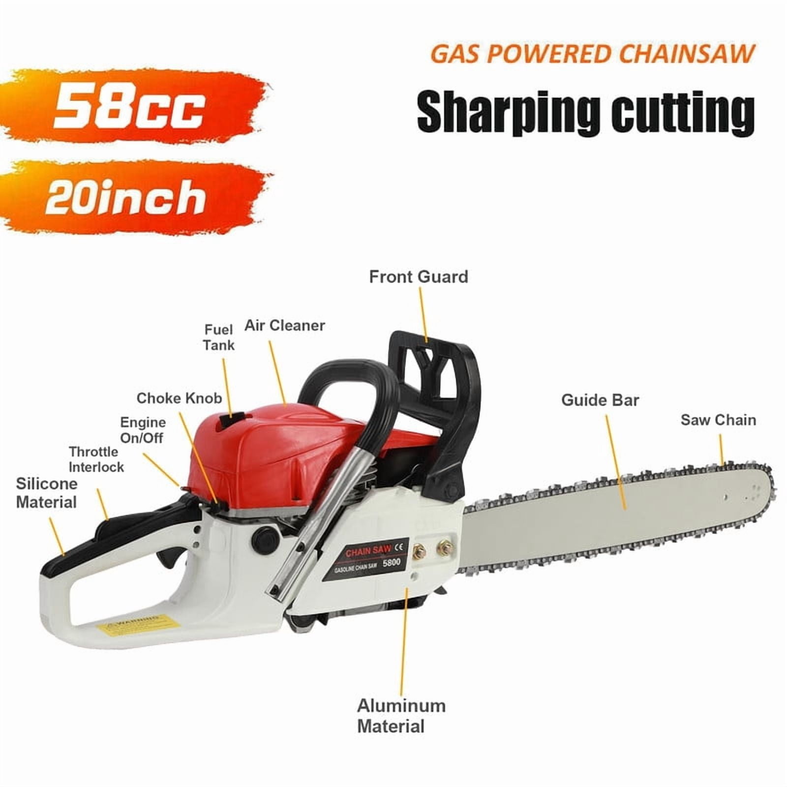 YNCE 58CC 20 Inch 2-Cycle Gas Powered Chainsaw, 13000r/min 3.2 HP Chainsaw Gas Powered, Low Kickback, Anti-Vibration, Protective Design for Tree Wood Cutting(Red)