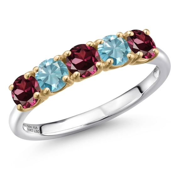 Gem Stone King 925 Silver and 10K Yellow Gold Red Rhodolite Garnet and Blue Zircon Wedding-Bands Ring for Women | 2.11 Cttw | Round 4MM | Gemstone January Birthstone | Size 5