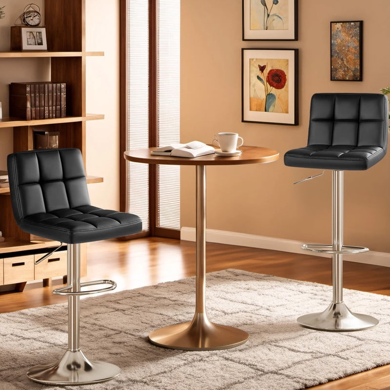 Homall Bar Stools Set of 2 Modern PU Leather Hydraulic Kitchen Counter Square Island Height Adjustable Swivel Barstool with Back, Black