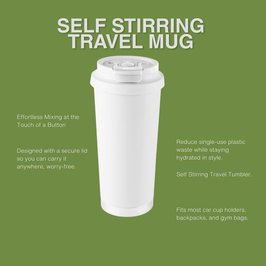 White Automatic Self-Stirring Coffee Mug with Lid, Battery Powered - Ideal for Coffee, Tea & Hot Chocolate