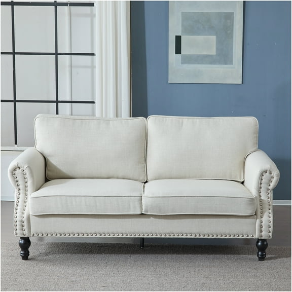 JERFIT 68" Beige Nailhead Trim Sofa, Traditional Rolled Arm 2-Seater Couch with Wooden Legs, Cotton Blend Upholstery for Living Room