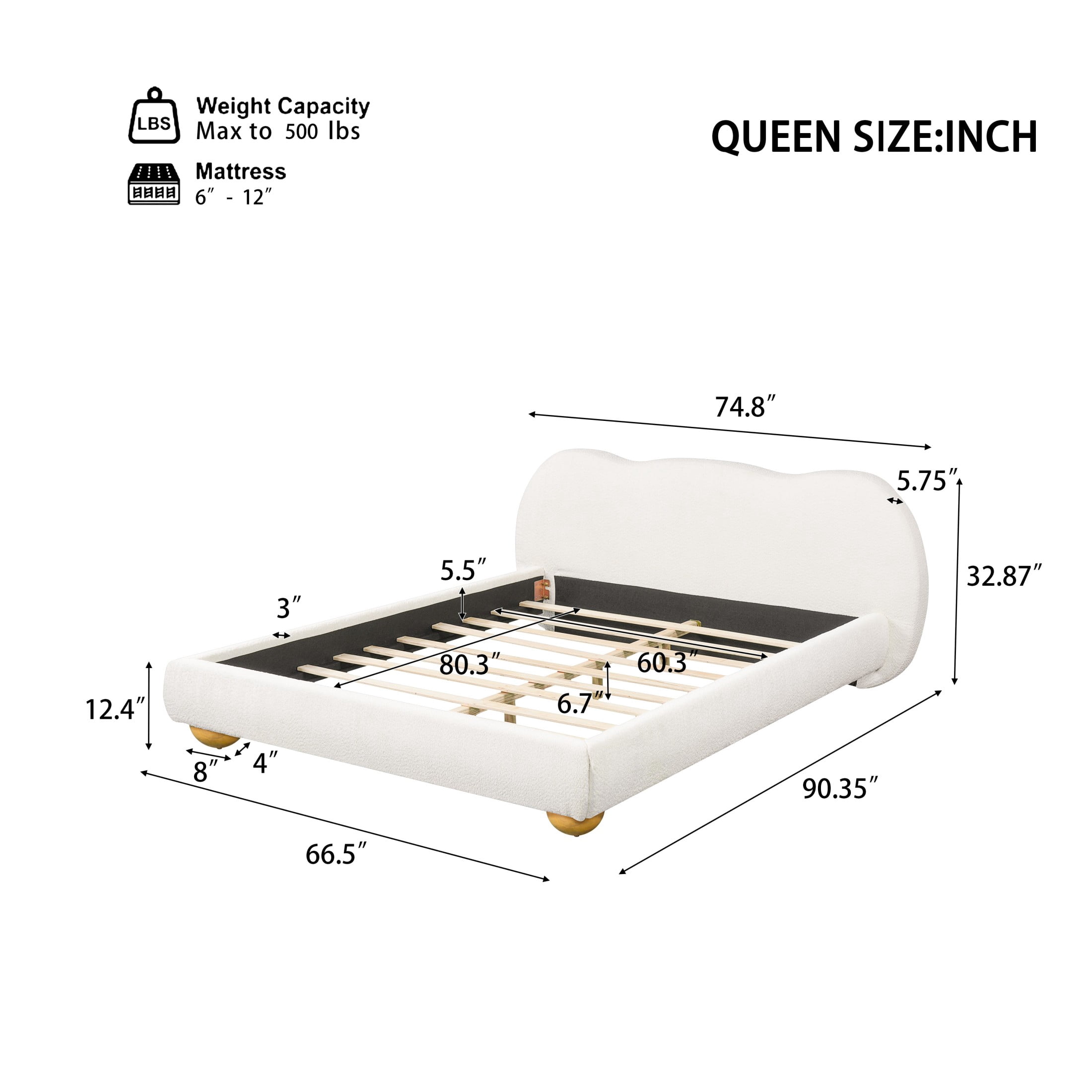 Christopher Knight Home Queen Upholstered Bed Frame with Curved Thick Headboard, Round Legs, Off White