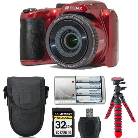 Kodak PIXPRO AZ255 Digital Camera (Red)   Extra Battery  Tripod   Case -32GB Kit