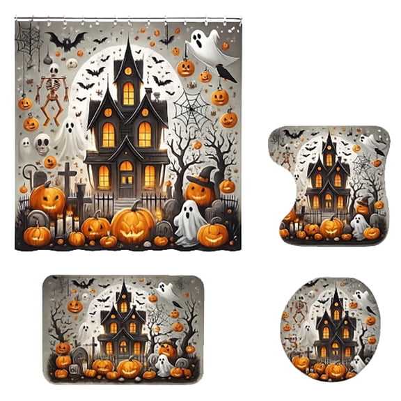 Halloween Bath Curtain Set 4 Piece with 12 Hooks Bath Mat Rug and Lid Cover for Bathroom Use in Polyester Pumpkin Theme Shower Curtain Ensemble
