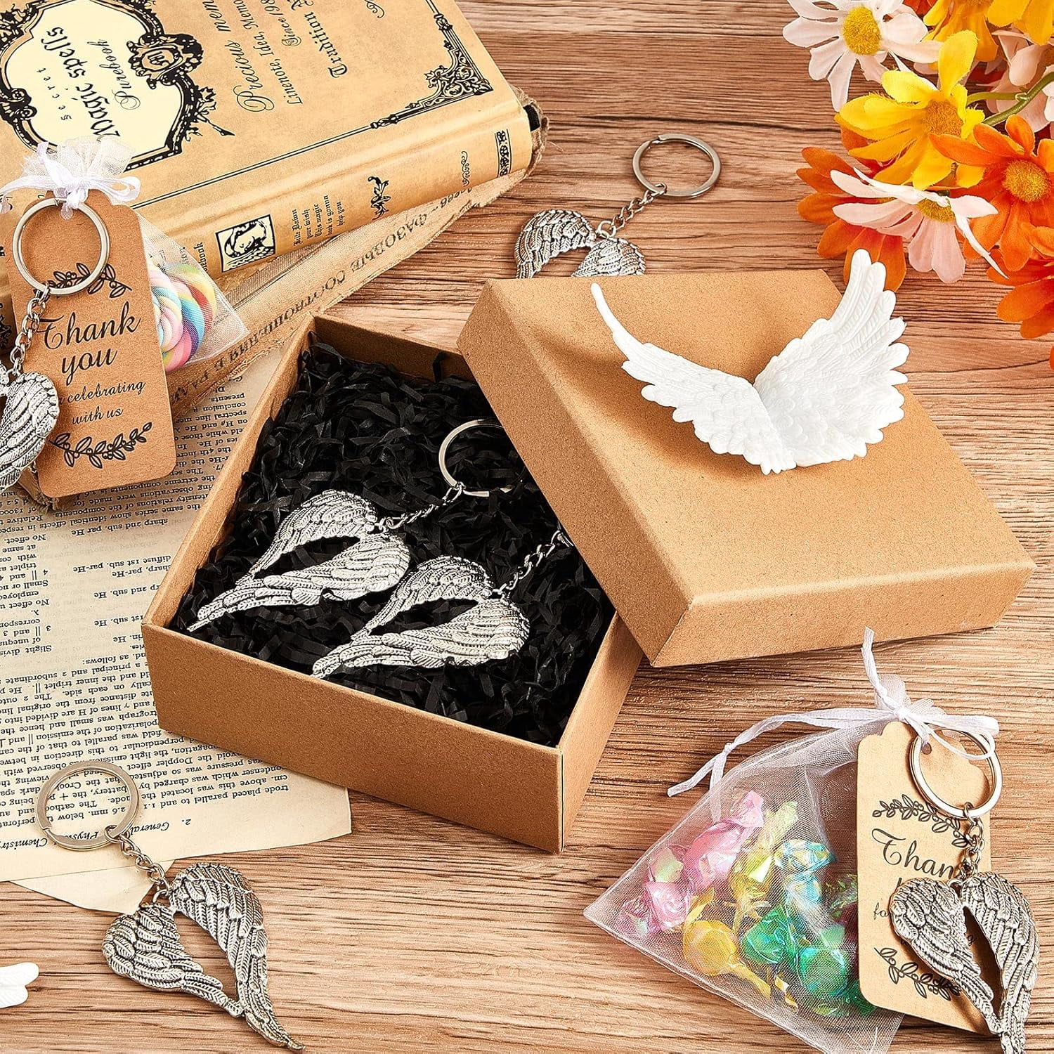 ABPETE 28 Pack Angel Keychains Bulk for Jewelry Making angel wings Key Rings for Craft charm funeral Keychain favors Memorial Pendant Funeral Favor for Bags Car Art Wedding DIY Craft