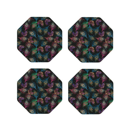 

Junzan Feathers And Butterflies Print Coasters for Drinks - Leather Coasters Set of 4 for Coffee Table for Housewarming/Kitchen/Bar/Decor-Octagon