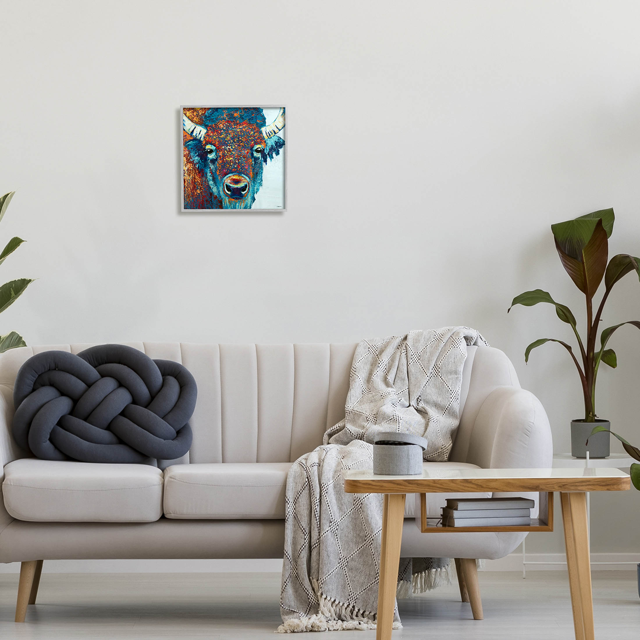 Bison Gazing Close Up Wildlife Animals & Insects Painting Gray Framed Art Print Wall Art