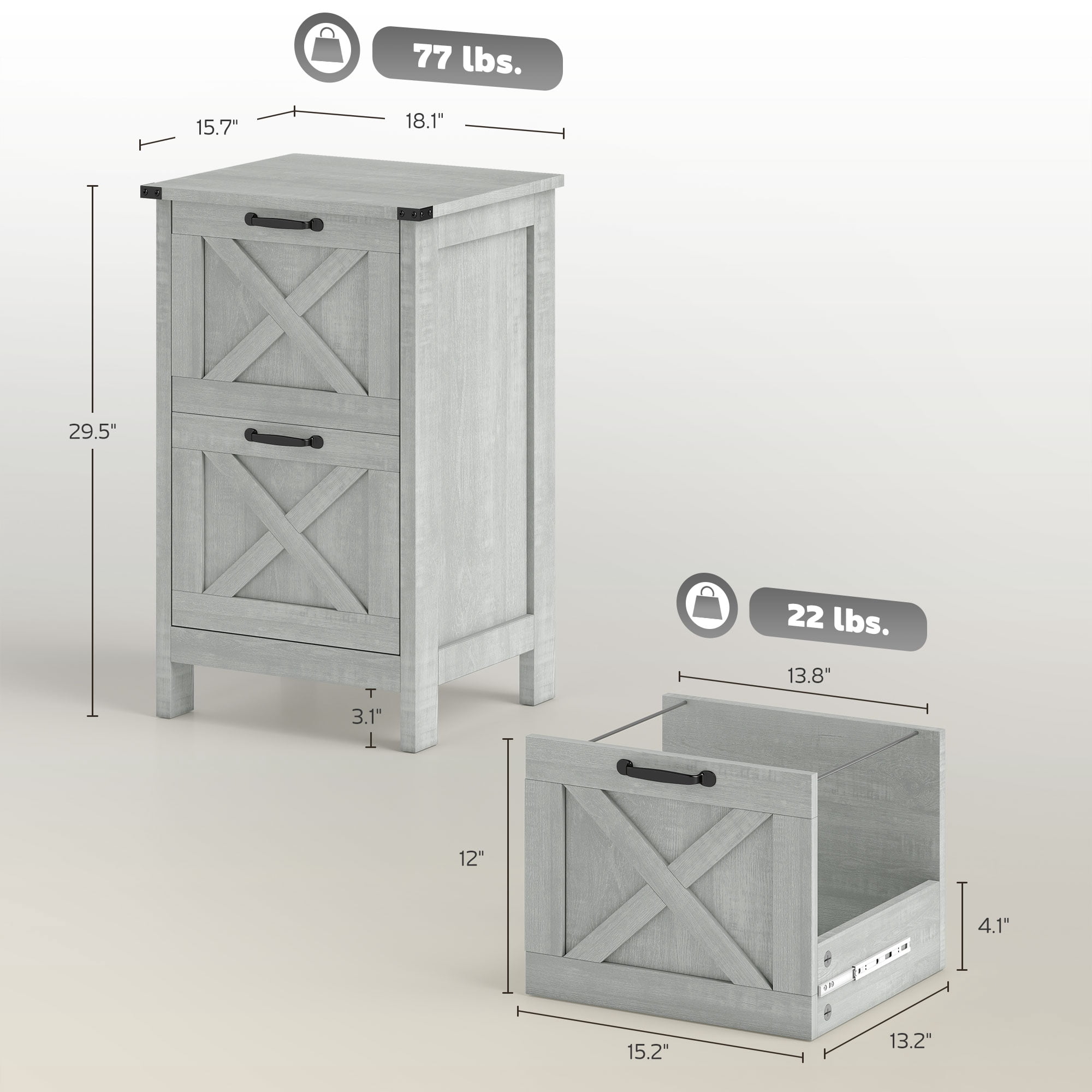 HOMCOM 2 Drawer Vertical File Cabinet with Silent Slides, Farmhouse Filing Cabinet with Barn Doors for A4/Letter Size, Distressed Light Gray