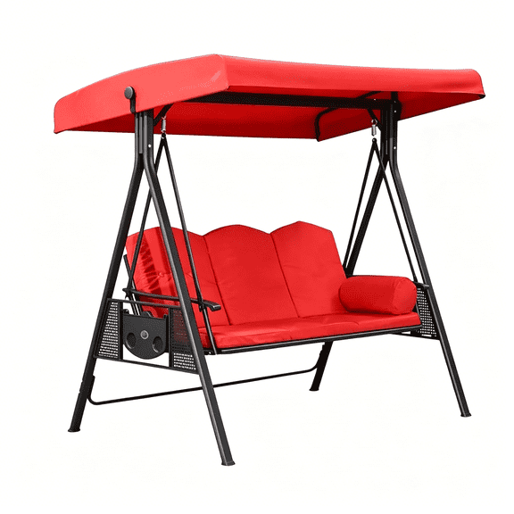 XIBUFE 3 Seat Outdoor Porch Swing Convertible Patio Swing Bed with Cup Holder Adjustable Canopy Stand Garden