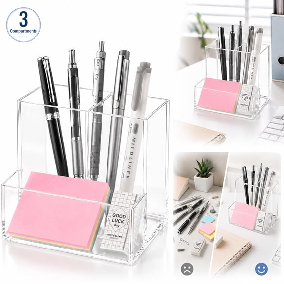 Rongsi Pen Holder for Desk, Clear Acrylic Pencil Holder for Desk, Marker Holder with 3 Compartments, Pencil Organizer for Home, Office, Classroom, Bathroom