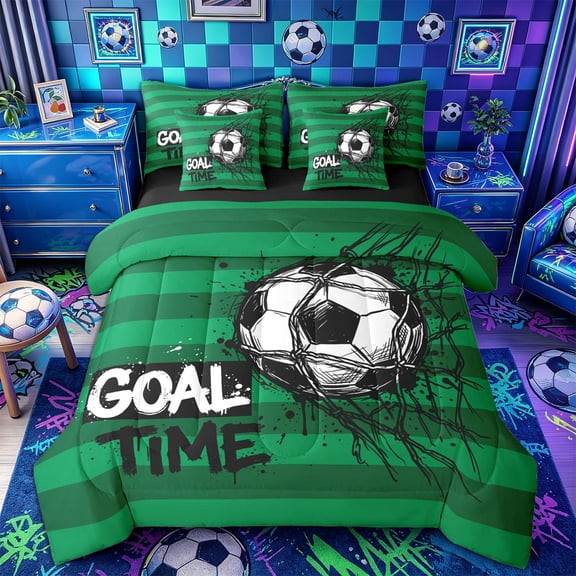 Castle Fairy Soccer Graffiti Splash Twin Bedding 7-Piece, Vintage Geometric Stripes Bedding Comforter Set, Green Black White,Black Reversible