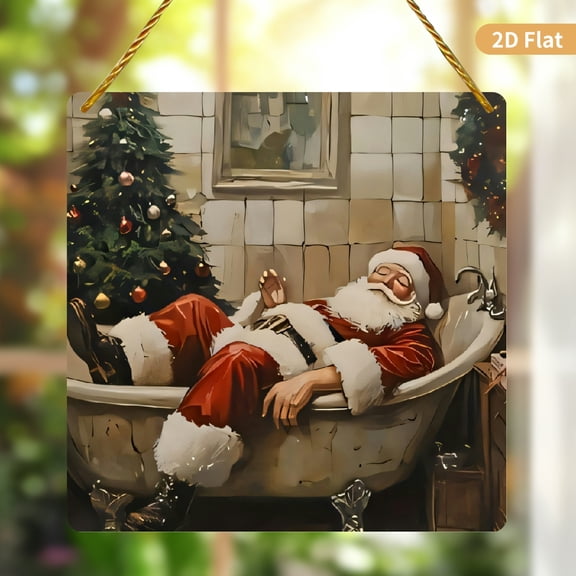 Square Hanging Ornament 8x8 Inch Sleeping Santa Claus in Bathtub Design Acrylic Decorative Plaque 1 Pack for Wall Art Christmas Holiday Home Decor