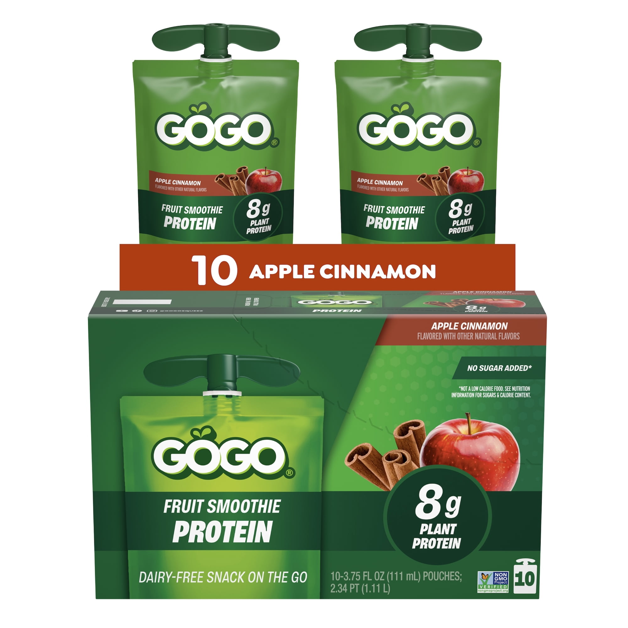 GOGO 8g PROTEIN Apple Cinnamon Fruit Smoothie On The Go Pouches , 3.75 fl oz (10 Pack)