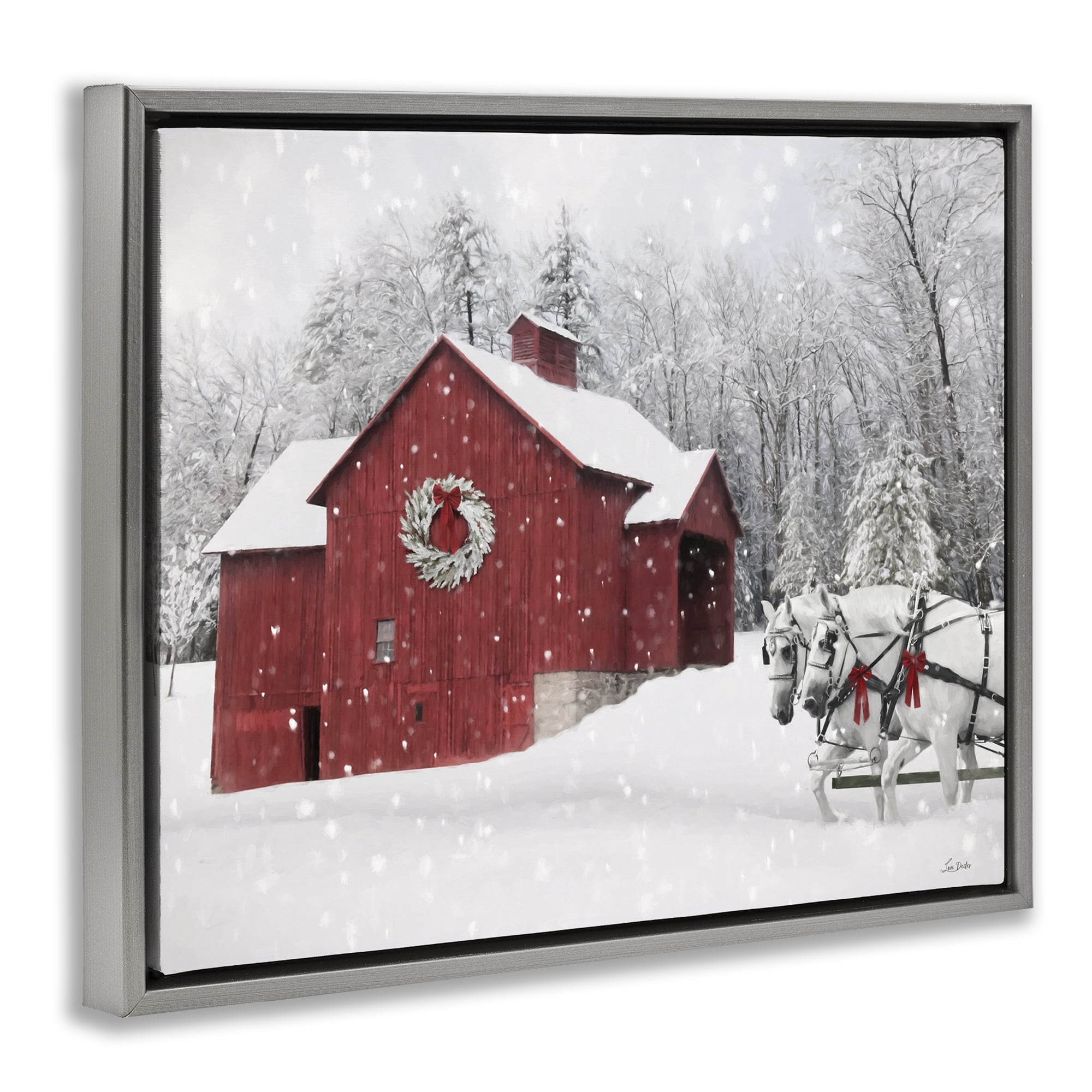 Stupell Industries Snow Covered Red Barn Holiday Painting Gray Floater Framed Canvas Art Prints Wall Art, 21 x 17