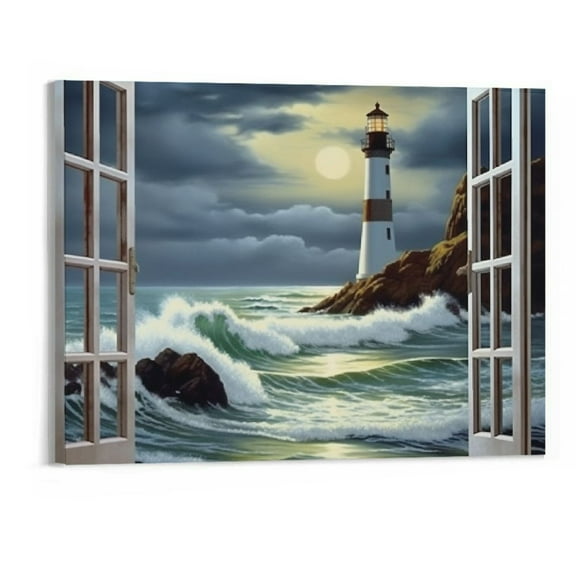 Creowell Lighthouse Nautical Wall Art Coastal Beach Pictures Wall Decor Ocean Canvas Prints Window Decorations Painting Framed Artwork Office Home Decor For Bathroom Bedroom Living Room 20x16 inch