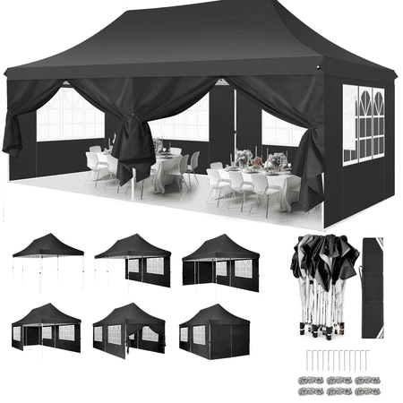 HOTEEL 10 x20  Pop up Canopy Tent with 6 Removable Sidewalls  Instant Outdoor Canopy Shelter with Upgrade Raised Roof and Carry Bag Black