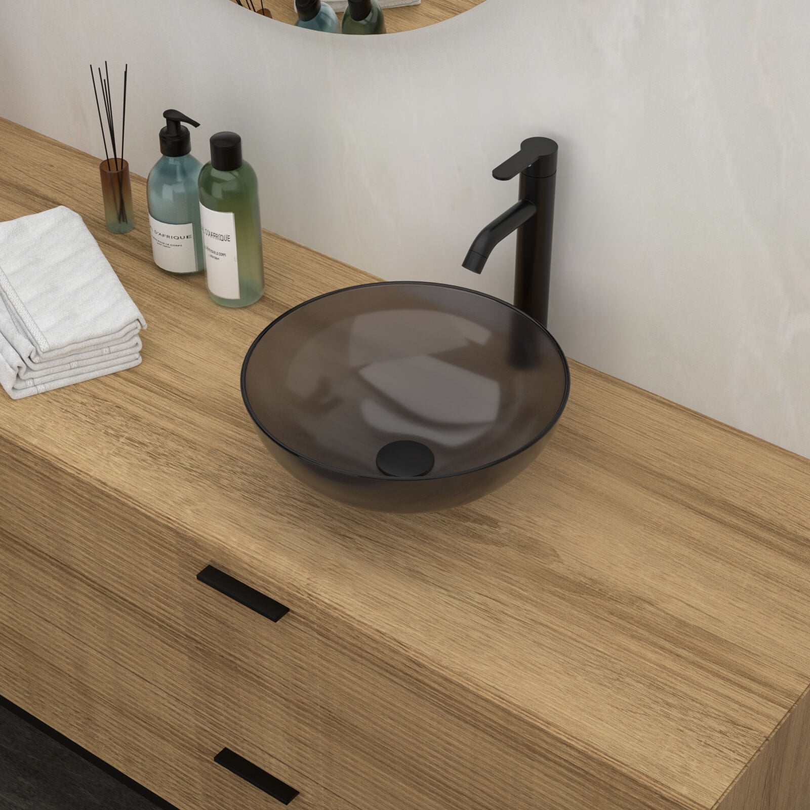 Bathroom Artistic Tempered Glass Vessel Bathroom Sink with Pop-Up Drain,Grey,Grey Tempered Glass Bath Faucets Bathroom Vanities