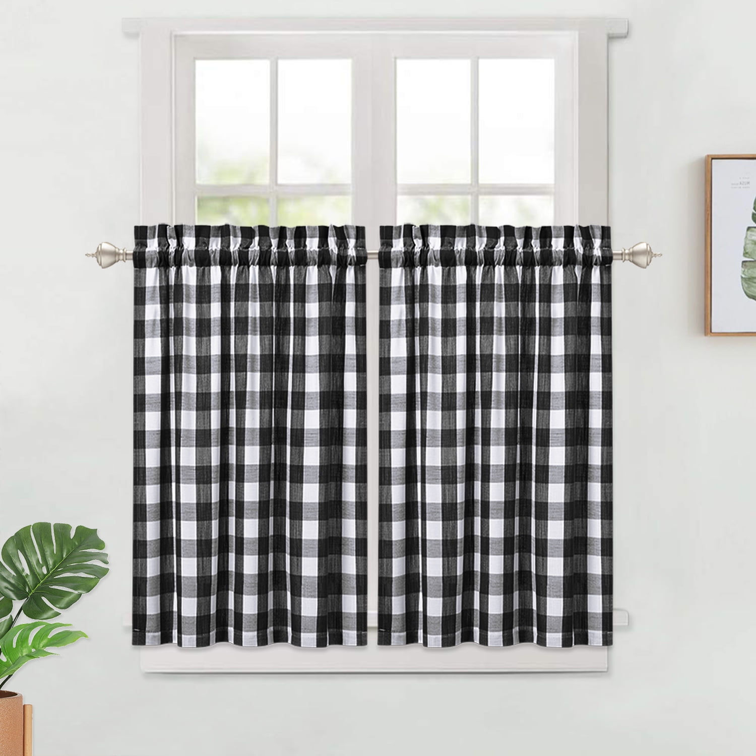 Haperlare Kitchen Cafe Curtains 45 Inches Length 28 x 45 Grey/White Plaid Gingham Design Half Window Covering Tier Curtains Set of 2 Buffalo Checker Pattern Short Bathroom Window Curtain 