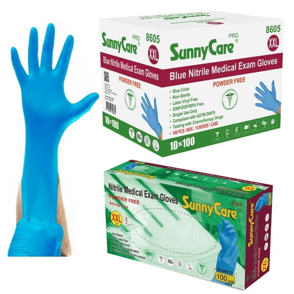 1000/Case #8605 SunnyCare 5.0mil Blue Nitrile Medical Exam Gloves Chemo-Rated Powder Free ( Vinyl Latex Free) Size: XX-Large