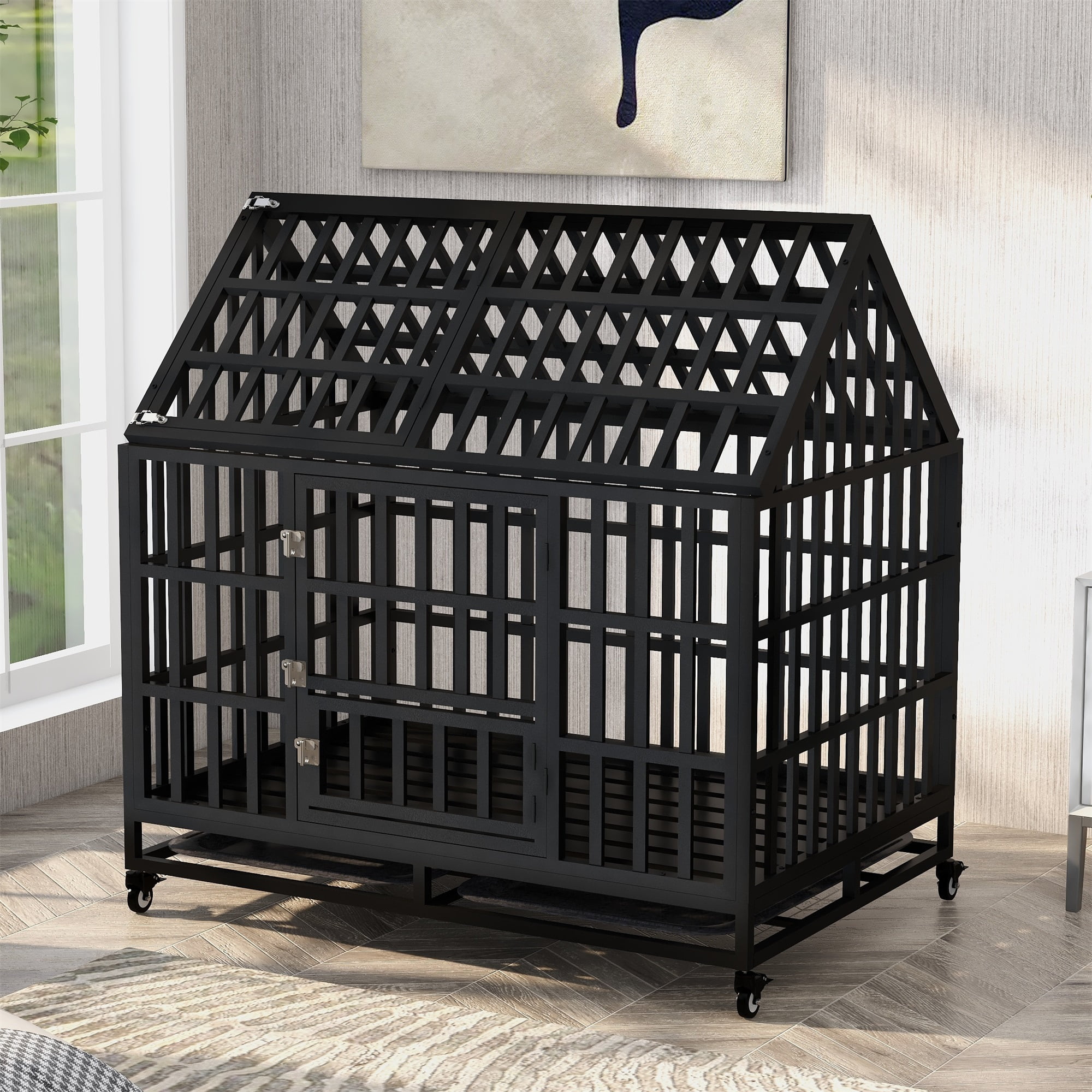 Pefilos 48" Heavy Duty Dog Cage Metal Kennel for Medium and Large Dogs, Pet Crate Playpen with Four Wheels, Black Pefilos 48" Heavy Duty Dog Cage Metal Kennel for Medium and Large Dogs, Pet Crate Playpen with Four Wheels, Black