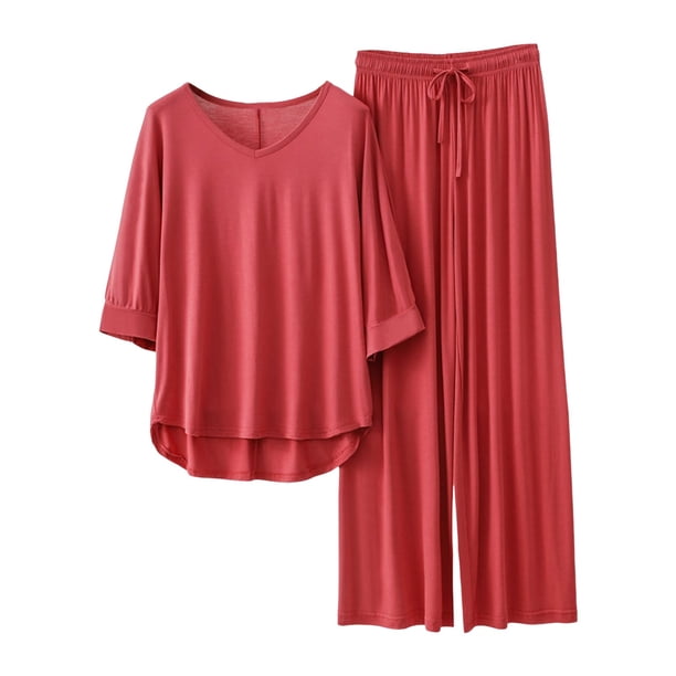 Conjunto de pijama de manga 3/4 para mujer: top con cuello en V y pantalones con cintura elástica, tejido de poliéster, ropa informal para estar por casa - Tallas L/XL