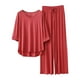 thumbnail image 1 of Conjunto de pijama de manga 3/4 para mujer: top con cuello en V y pantalones con cintura elástica, tejido de poliéster, ropa informal para estar por casa - Tallas L/XL, 1 of 3