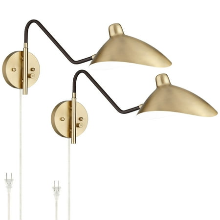 

360 Lighting Mid Century Modern Swing Arm Wall Lamps Set of 2 Brass Black Plug-In Light Fixture Up Down Metal Shade for Bedroom Bedside House