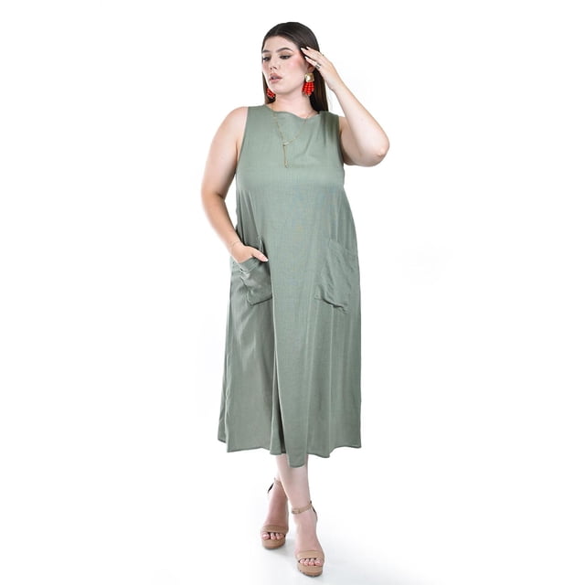Vestido de lino con bolsillos Roman Fashion /Tallas Extras, 3830 (Verde militar) verde oscuro 40