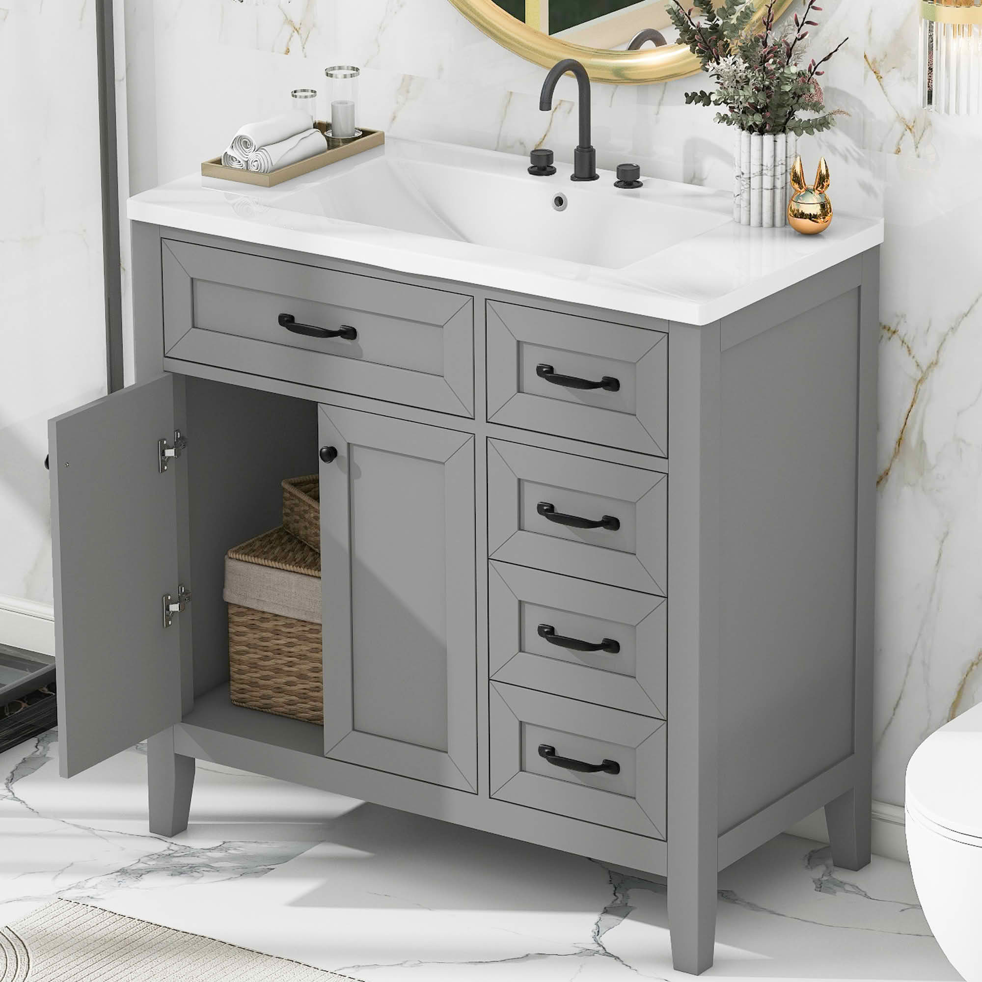 MAYEERTY 36" Bathroom Vanity with Sink Gray Cabinet Drawers Solid Frame MDF