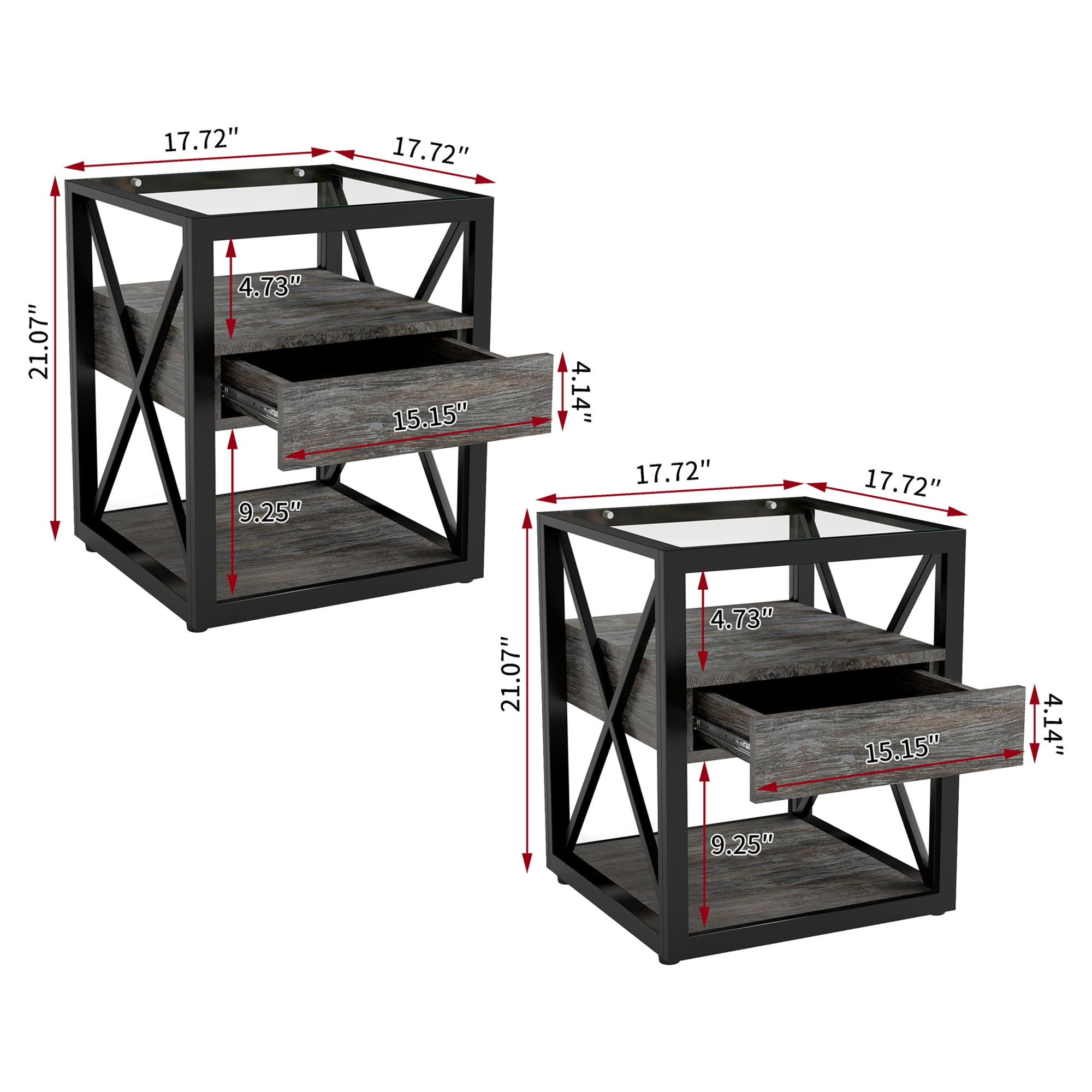Set of 2 Modern End Table with Drawer, Nightstand for Bedroom & Living Room, Rustic Wood Grain MDF & Tempered Glass Top, Industrial Style Side Table