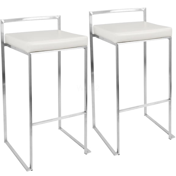 White Faux Leather Stackable Bar Stools Set of 2, Contemporary Fixed Height Counter Stools with Padded Seat
