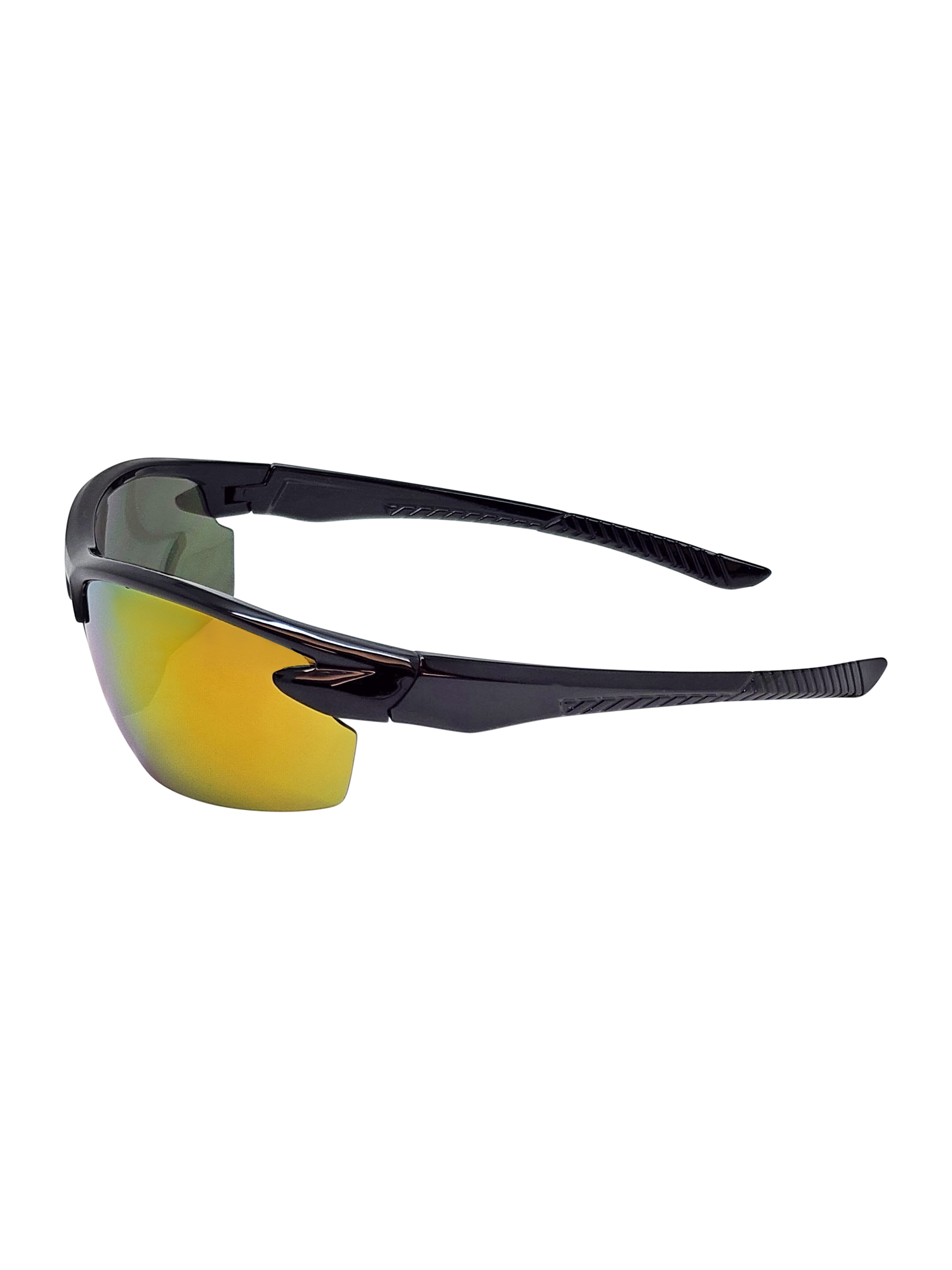 Mens Plastic Sports Wrap Semi Rim Sunglasses with Black Frames and Yellow Mirrored Lenses