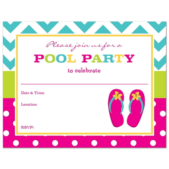 Flip Flops Fill-In Pool Party Invitations and Envelopes - 24 count