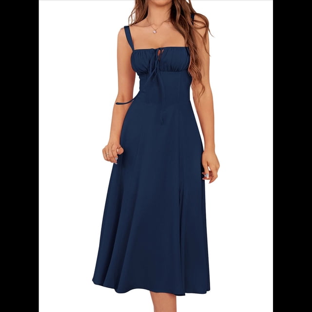 Vestido Midi con Corsé, Aberturas Fluidas y Cordones para Mujer, Vestido Informal de Verano de Corte A para Fiesta de Té. Azul Marino S