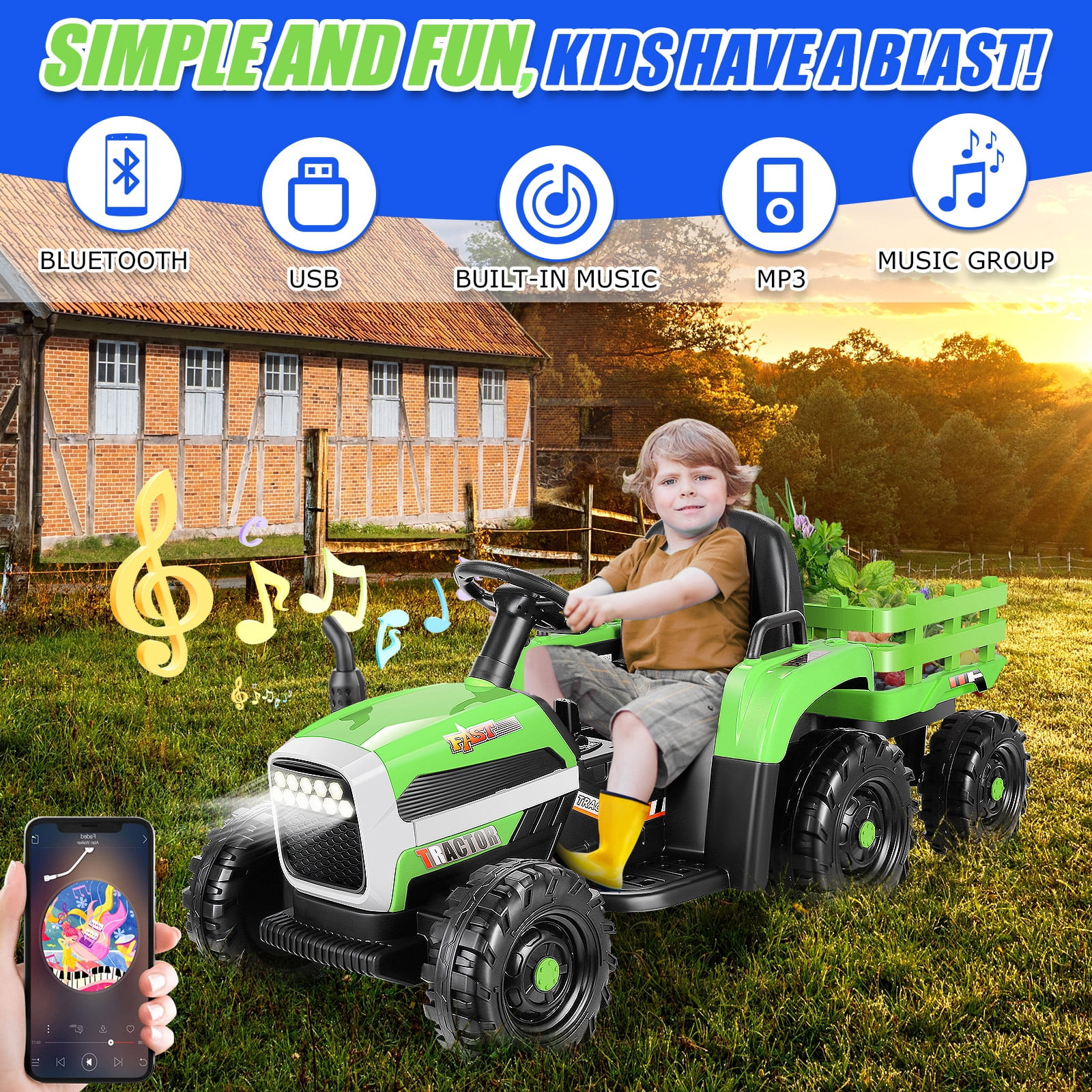 Funcid 12V Kids Ride on Tractor with Trailer 7AH Battery Powered Tractor Electric Car for Toddler, Ride on Toys Motorized Vehicle with Parents Remote Control, Bluetooth, 3 Speeds, 11-LED Lights Green