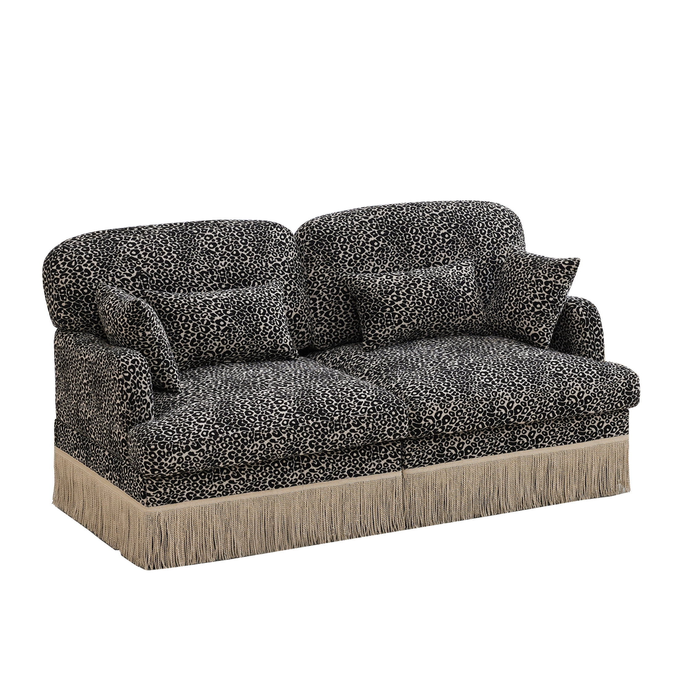 Noble House Carola Leopard Print Chenille 2-Seater Sofa, Modular Sectional Couch with Tassel Trim, Khaki