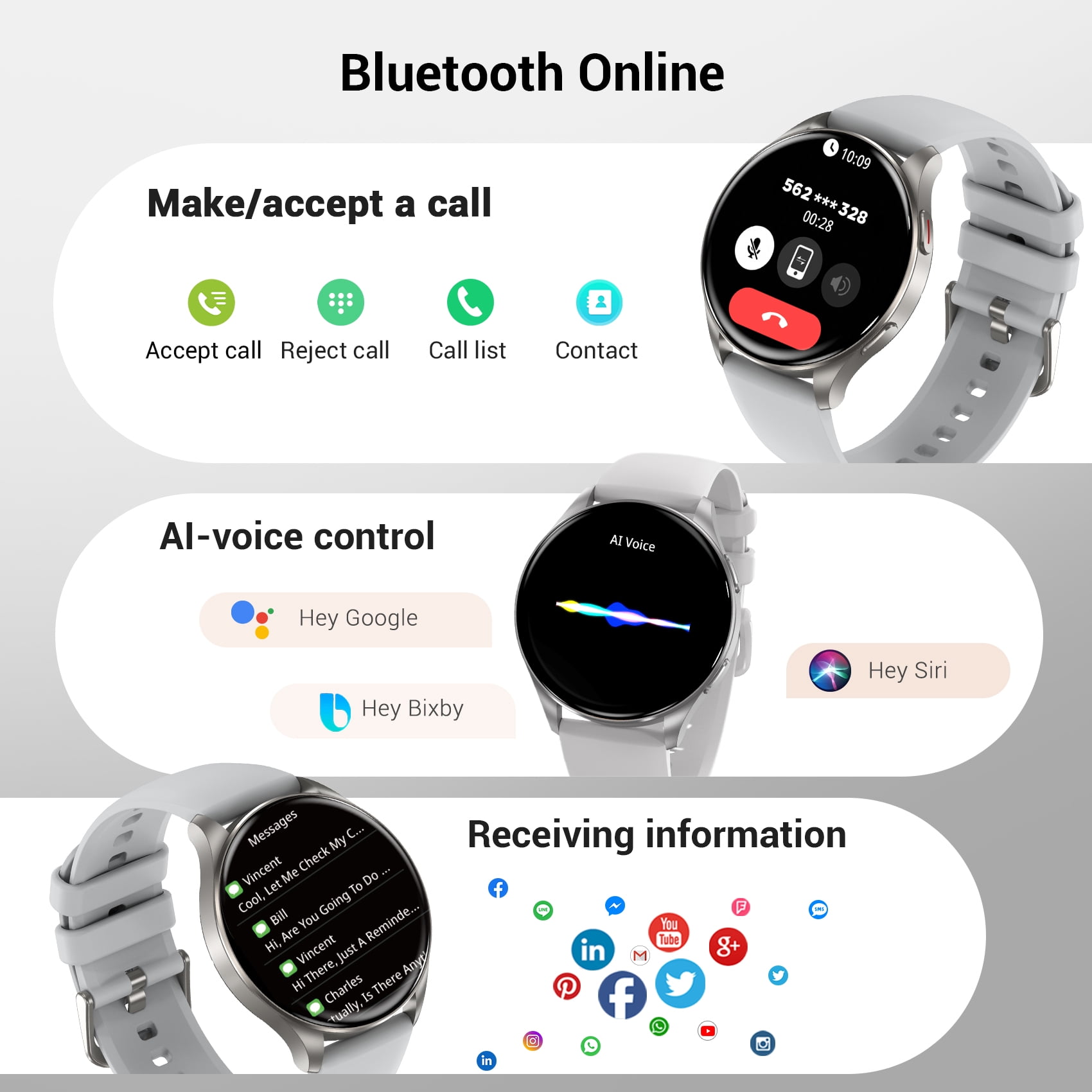 Blackview Smart Watch for Women, 1.43" AMOLED Display Fitness Tracker with Bluetooth Call, 100+ Sports Modes, AI Voice Assistant, 2 Straps, Waterproof Smartwatch for Android iPhone, Sliver