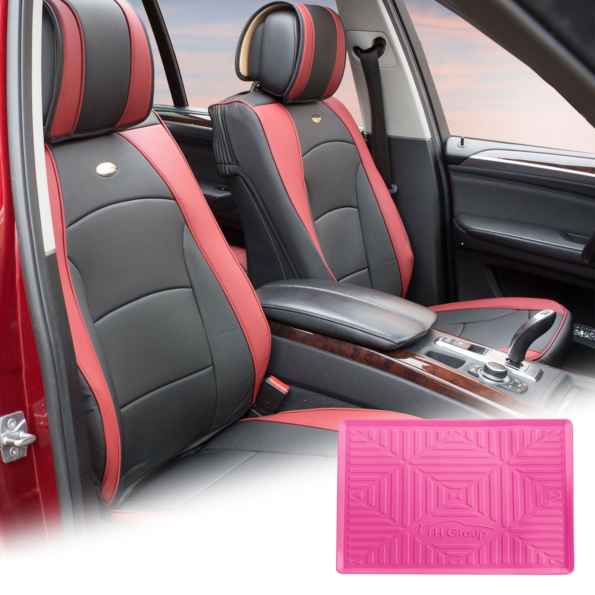 FH Group Burgundy Black Leatherette Front Bucket Seat Cushion Covers