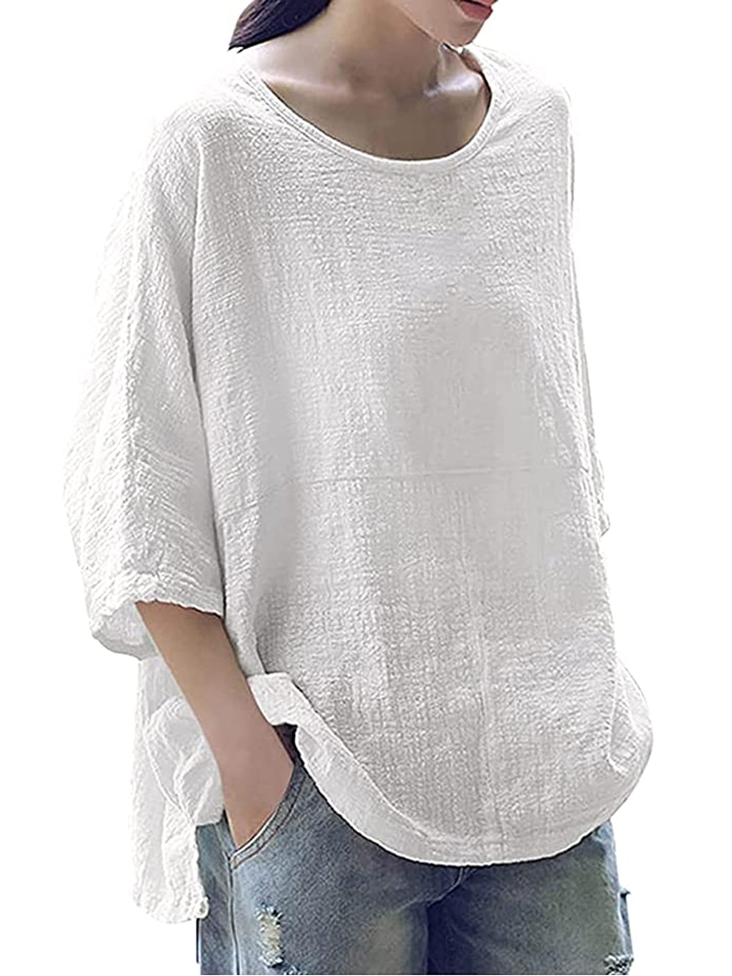Plus Size Womens Cotton Linen Tee Summer Casual Loose Tunic Blouse Tops T-Shirt