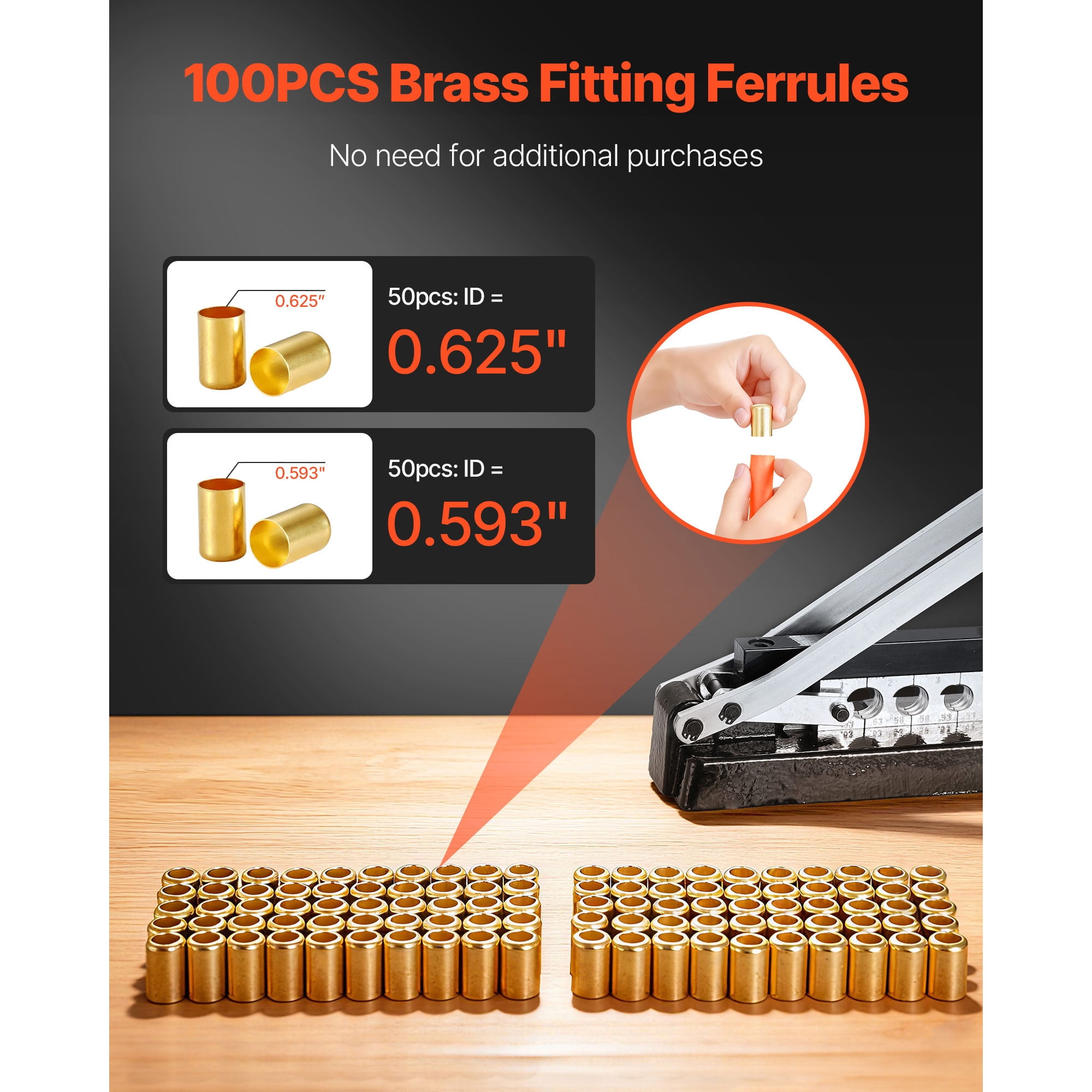 KFFKFF Heavy Duty Hose Ferrule Crimper, Air Hose Crimping Tool with 100pcs Brass Ferrules (0.593" & 0.625" ID), 0.44"-0.63" Crimping Range for PVC and Rubber Hoses, Torch Hose Repair Kit