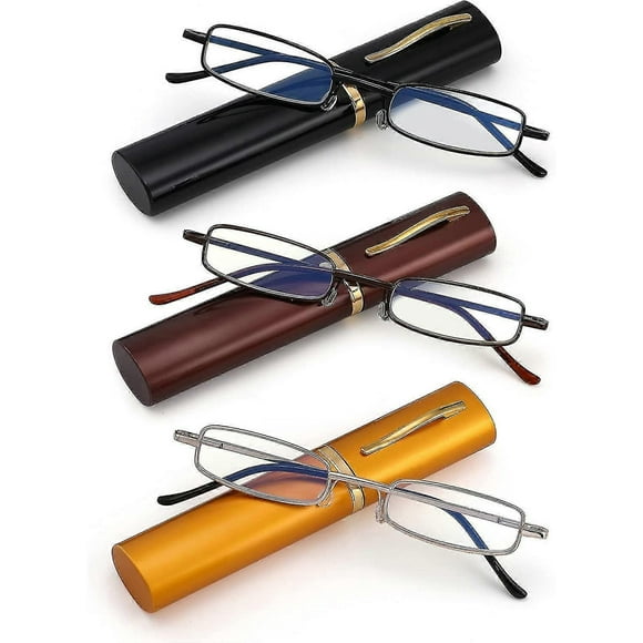 3 Pack Slim Pocket Reading Glasses For Men Women Blue Light Blocking Compact Readers Spring Hinge Metal Frame Eyeglasses With Portable Pen Clip Tube