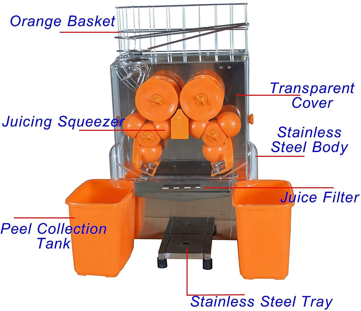 PreAsion 110V Commercial Orange Juice Machine Electric Orange Press Juicer Citrus Juice Squeezer with Plastic Basket with Scraper for Home Commercial Use