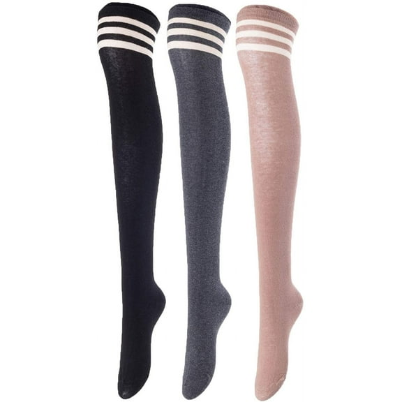Lovely Annie Big Girl's Women's 3 Pairs Incredible Durable Super Soft Unique Over Knee High Thigh High Cotton Socks Size 6-9 A1022(Black,DG,Khaki)