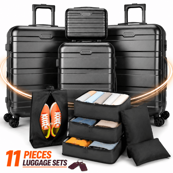 4 Piece Hardshell Luggage Set with 7 Packing Cubes, Carry On Luggage Suitcase Set, Lightweight Travel Suitcases with 360° Spinner Wheels, Combination Lock, Aluminum Handle, 14/20/24/28 Inch