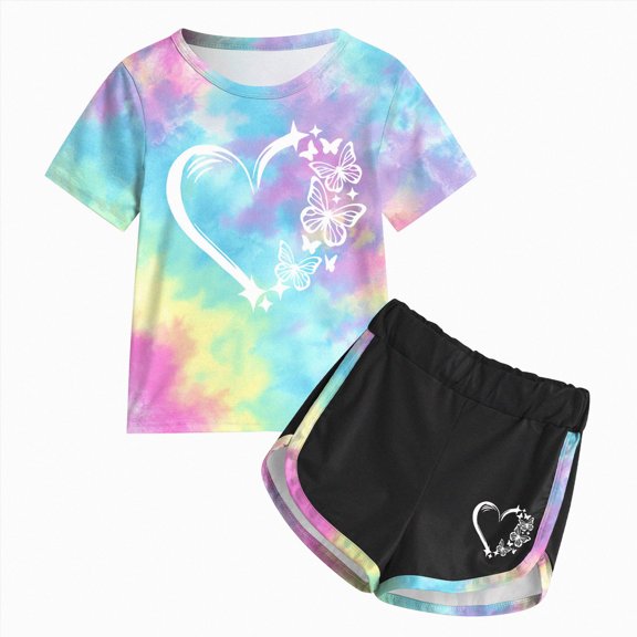 Caqnni 5-6 Years Teen Girls Tie Dye Printed Short Sleeved Top And Shorts Casual Set Lounge 2 Piece Yoga Tracksuit A33-Sky Blue