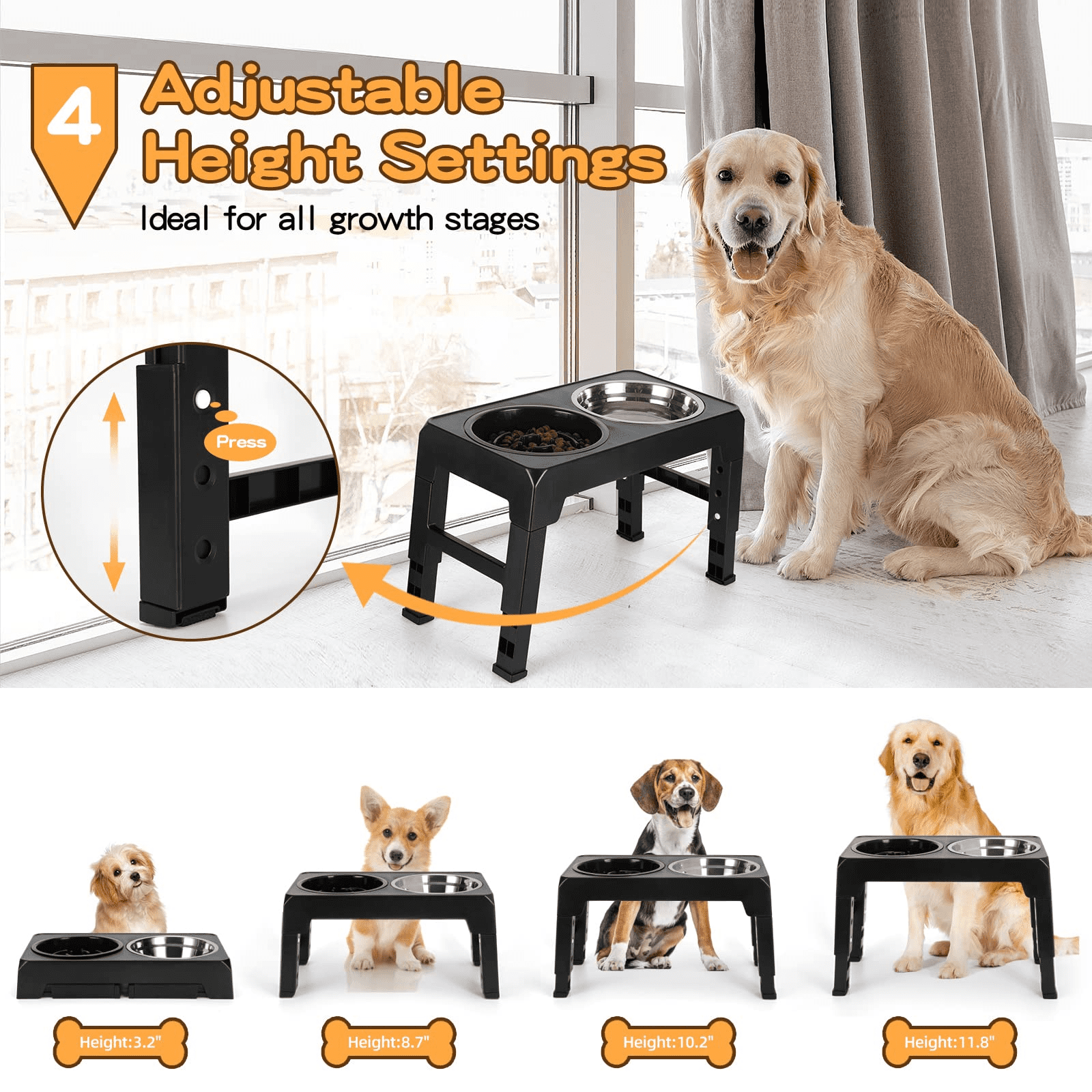 Elevated Dog Bowls with Slow Feeder, 4 Adjustable Heights Raised Pet Bowl Stand Feeder Bowl with 2 Stainless Steel Food & Water Bowls for Large Medium and Small Dogs