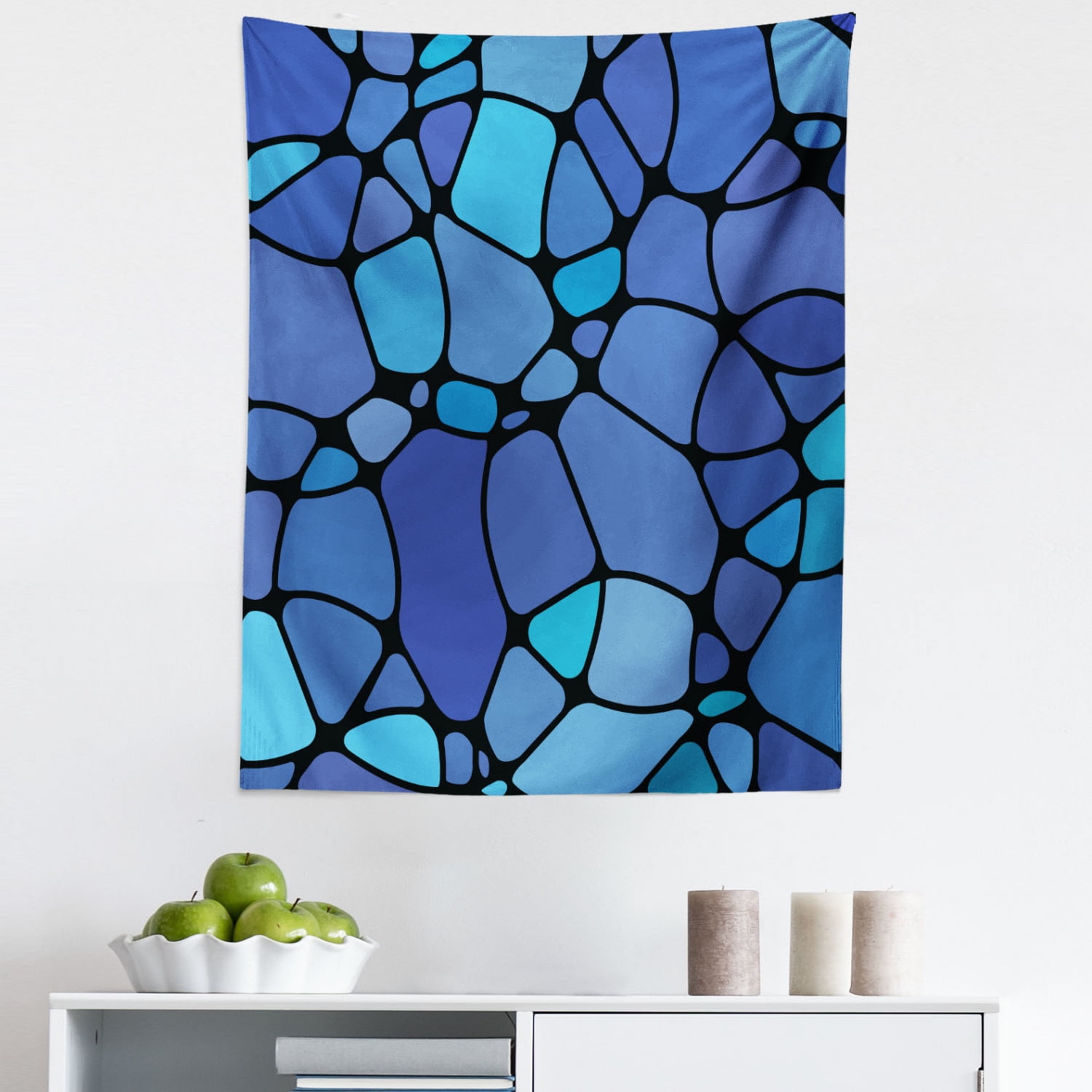 Blue and Black Tapestry, Blob Look Uneven Shapes Pattern Stained Glass