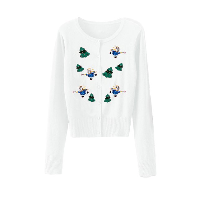 FOCUSNORM Women Christmas Knit Cardigan Long Sleeve Button Closure Embroidery Snowman Tree Casual Sweater